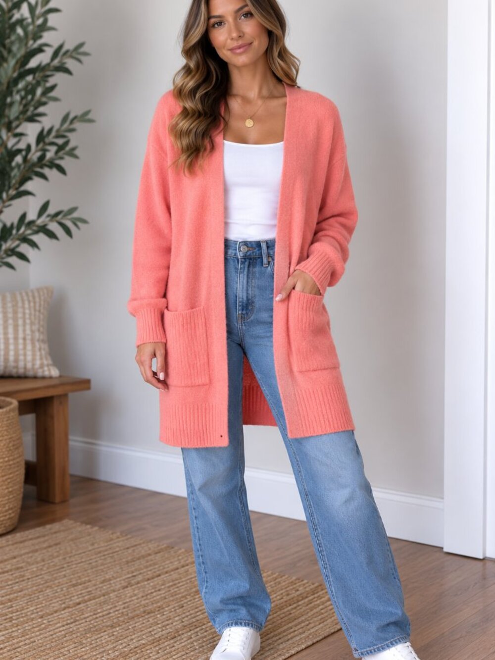RW&CO. Coral Pink Open-Front Longline Cardigan with Pockets